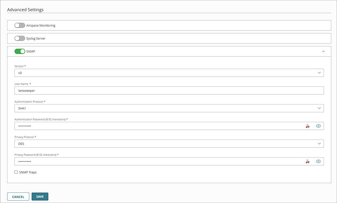 Screenshot of WatchGuard Cloud, the configuration of AP SNMP